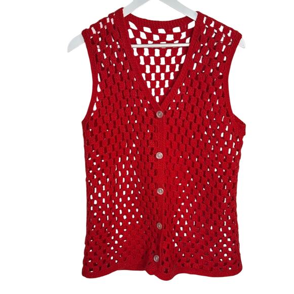 Handmade Vintage Long Knit Crochet Boho 70s Sweater Button Vest W1108 Sz L - Picture 1 of 5